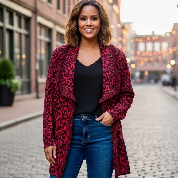 Chico's Sweaters - Chico's Red Black Leopard Cheetah Print Fringe Cardigan Sweater Size 3 XL Wool